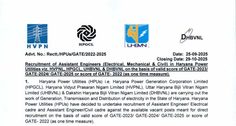 Haryana Power Utilities Assistant Engineer Bharti 2025