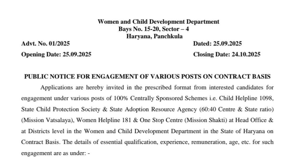 Haryana Women and Child Development Bharti 2025
