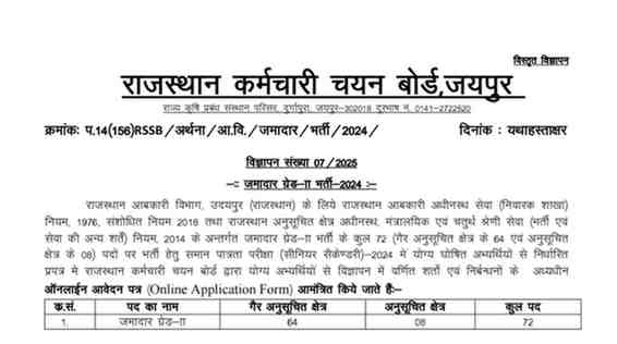 Rajasthan Jamadar Grade 2 Bharti 2025
